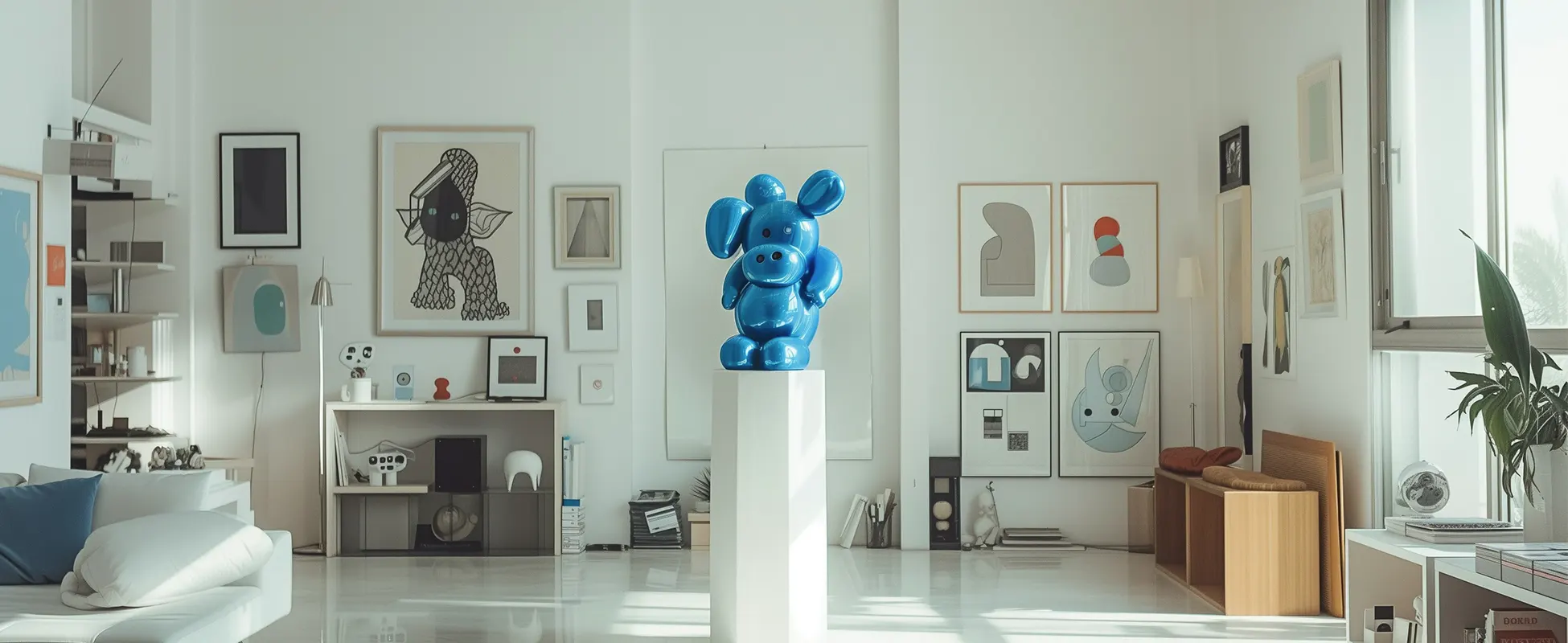 Modern living room with blue dog sculpture on a pedestal and minimalist art on the walls.