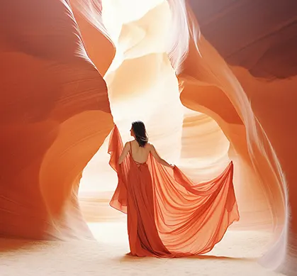 Woman in flowing red dress standing in a sunlit desert canyon — dramatic natural landscape.