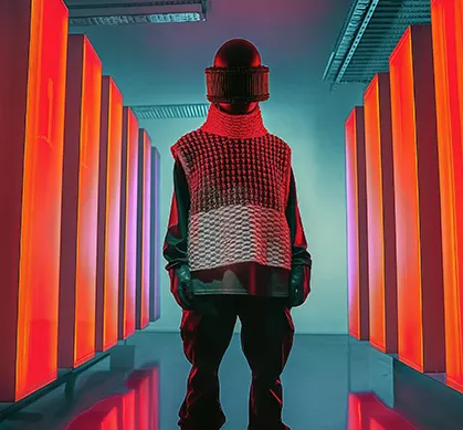 Person in futuristic outfit walking down a neon-lit corridor — cyberpunk digital art.