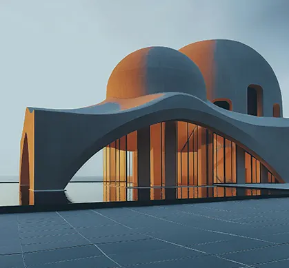 Modern architectural structure with curved domes and arch — futuristic design at sunset.