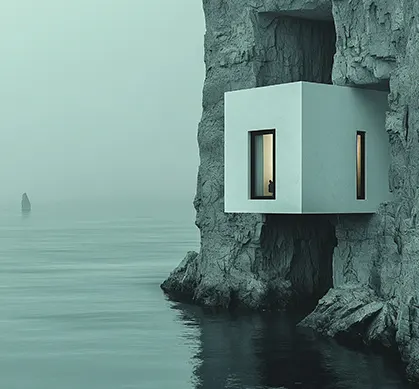 Modern white cube house built into a cliff overlooking calm water — minimalist coastal architecture.