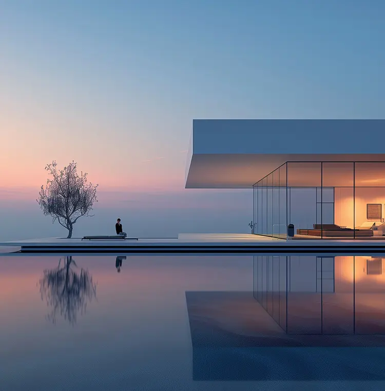 Modern house with glass walls and infinity pool at sunset.