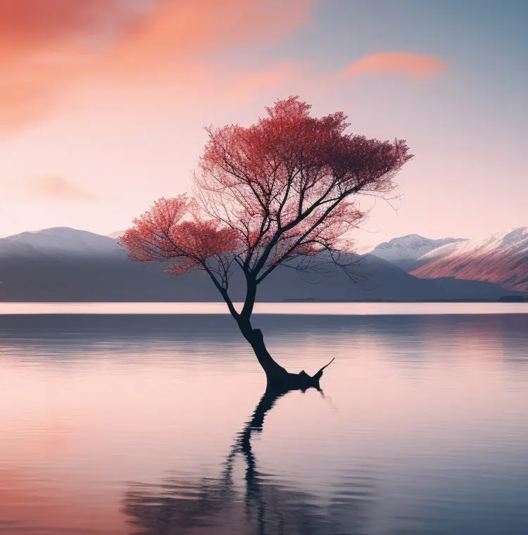 Lonely cherry blossom tree by a calm lake at sunset with snowy mountains in the background.