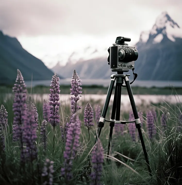 Camera on tripod in a field of purple flowers with mountains in the background.