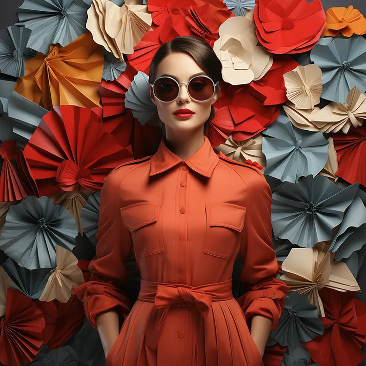 Woman in red dress and sunglasses standing before a wall of paper flowers.