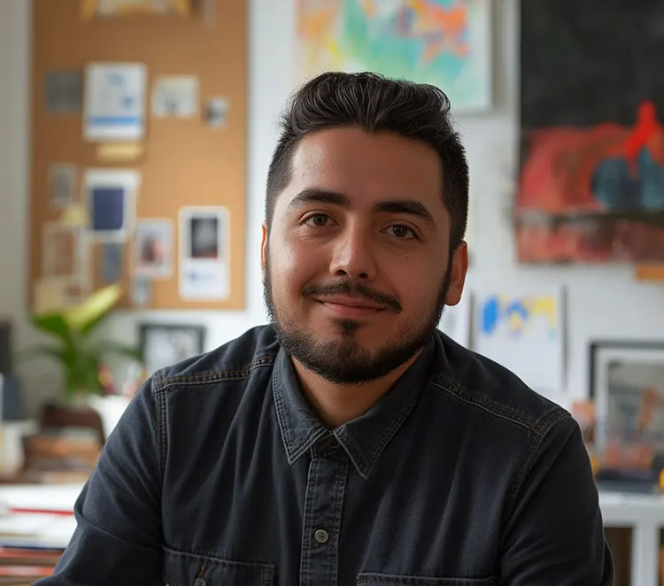 Man with short hair and beard wearing a denim shirt.