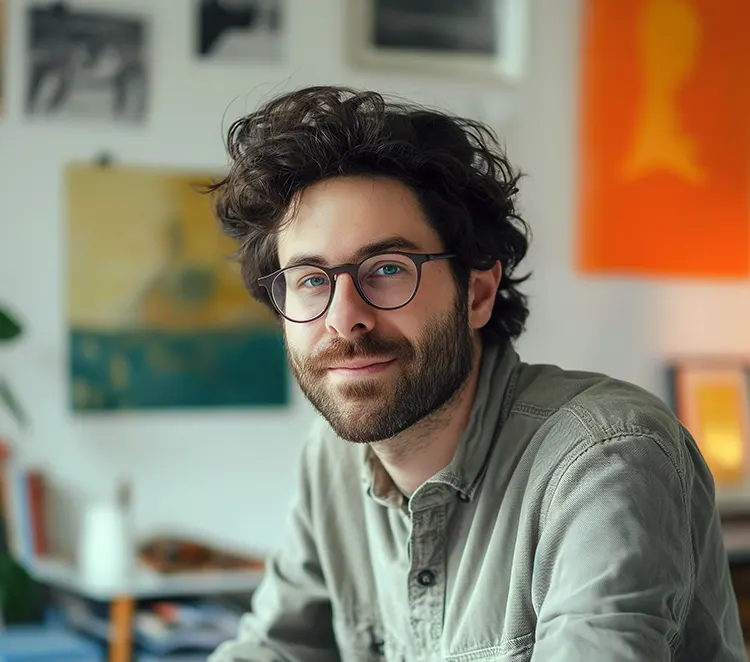 Man with curly hair and glasses smiling in a creative studio — casual professional portrait.
