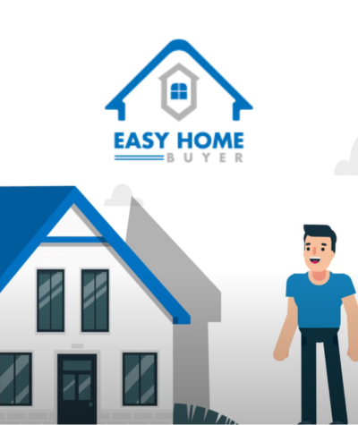 Easy Home Buyer logo with cartoon house and smiling man — home buying services illustration.