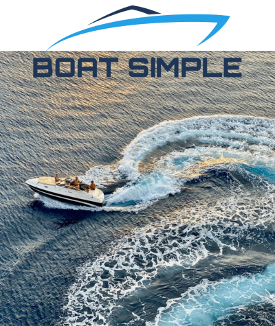 A sleek speedboat gliding across the water at sunset, leaving a wake behind it, with the 'Boat Simple' logo above — capturing the joy of effortless boating and outdoor adventure.