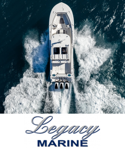 Top-down view of a speedboat cutting through water — Legacy Marine logo below.