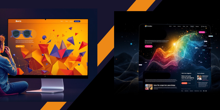 Person viewing vibrant website designs on a monitor — modern web design and digital creativity.