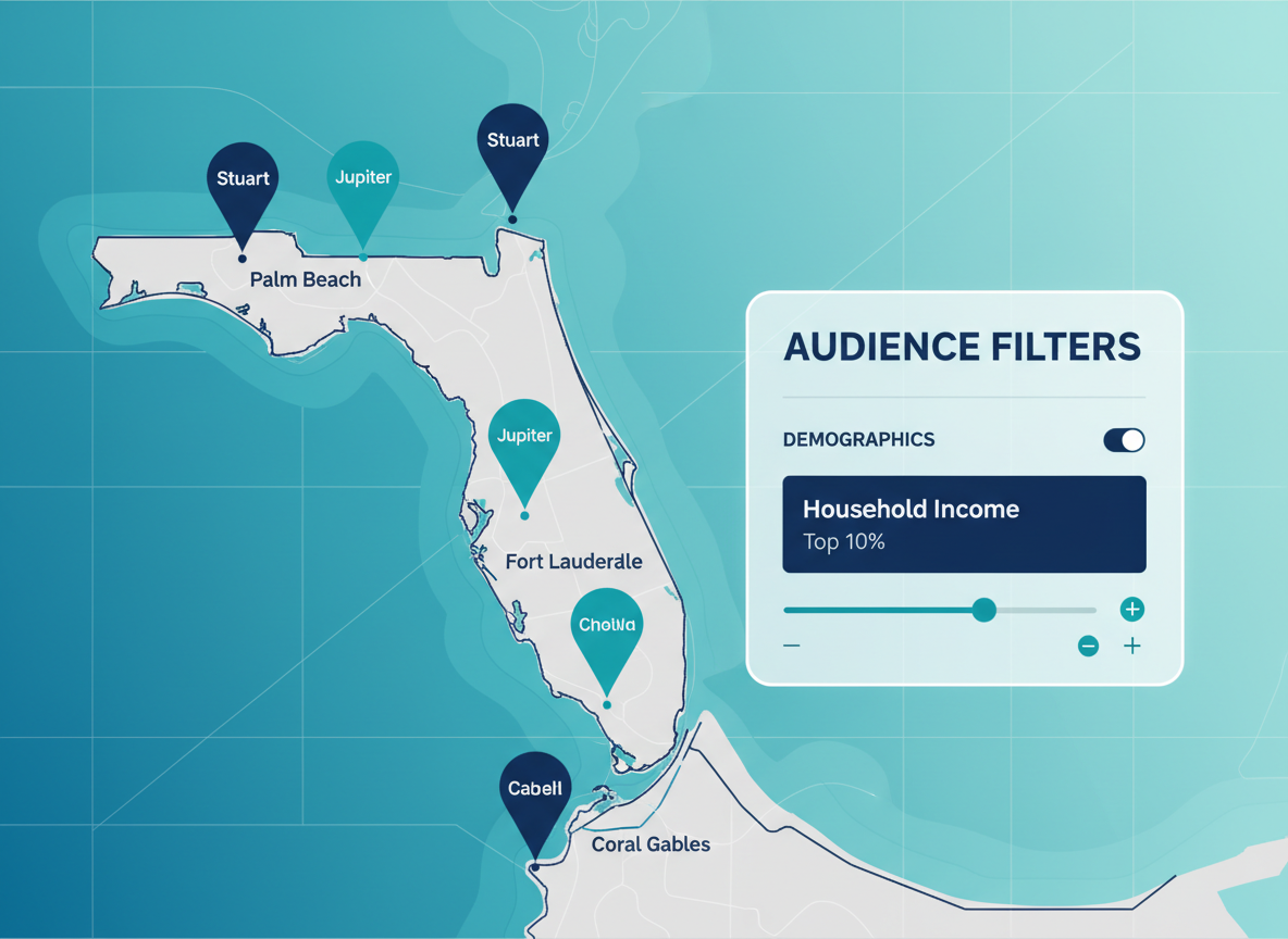 South Florida HHI targeting map — top 10% household income zip codes for boat dealer Meta ads