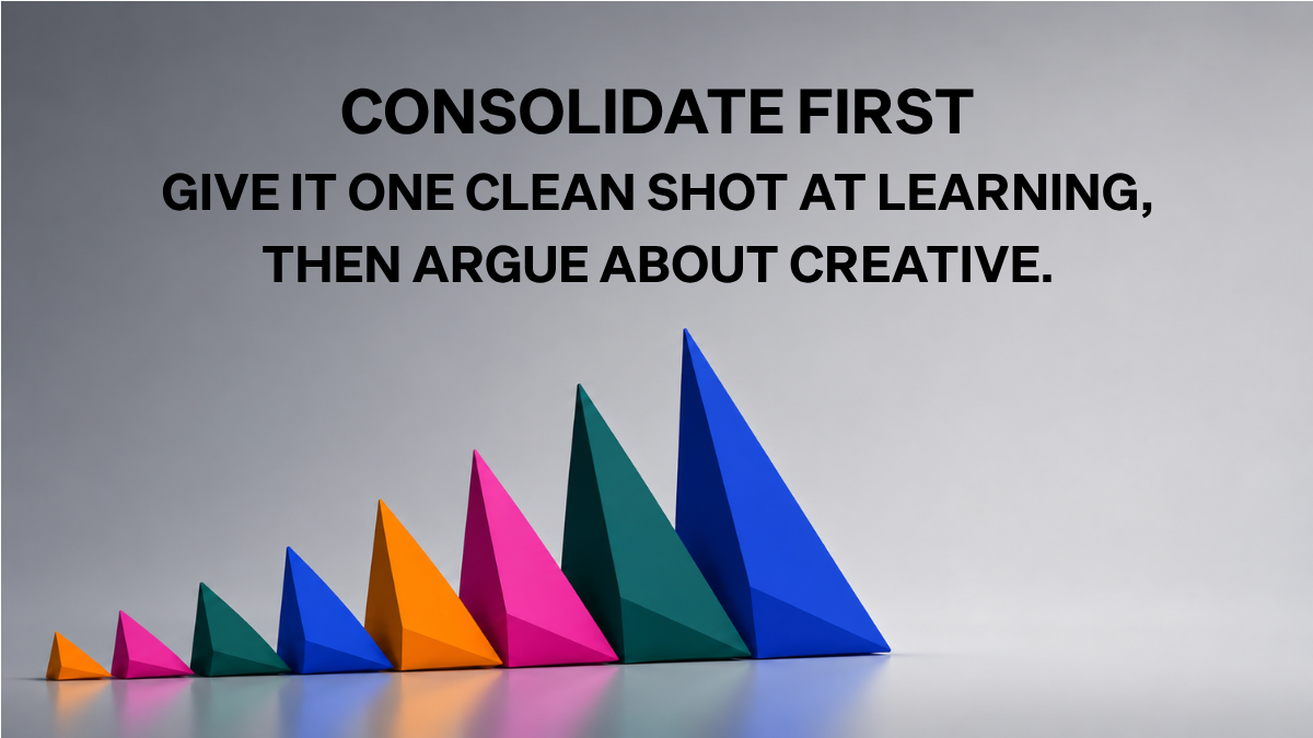 Ascending low-poly triangles in orange, magenta, teal, and blue, representing a structured Meta ad account built from consolidated ad sets